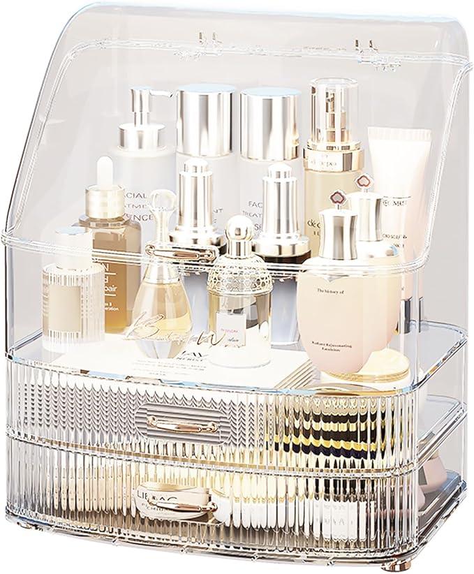 Plukers Makeup Organizer Countertop Vanity with Transparent Lid Drawers Waterproof Dustproof Cosmetic Skincare Bathroom Storage Gift for Women Teens Girls (Clear Whtie) - ModernBath