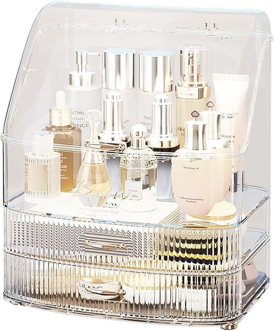 Plukers Makeup Organizer Countertop Vanity with Transparent Lid Drawers Waterproof Dustproof Cosmetic Skincare Bathroom Storage Gift for Women Teens Girls (Clear Whtie) - ModernBath