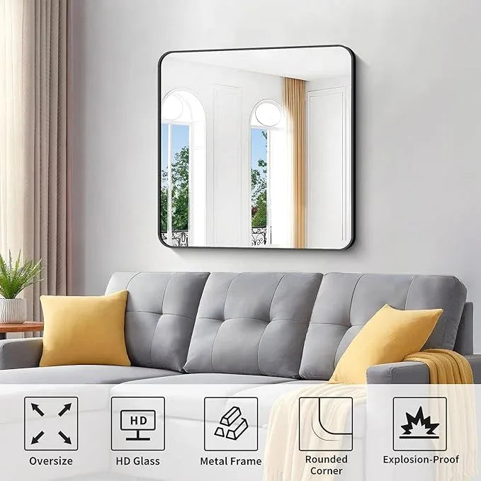 CIVENO Black Bathroom Mirrors for Wall, 30"x30" Square Mirror, Rounded Corner Metal Frame Wall Mirror, Bathroom Vanity Mirror for Bedroom Living Room Entryway Horizontal Or Vertical Mounting - ModernBath