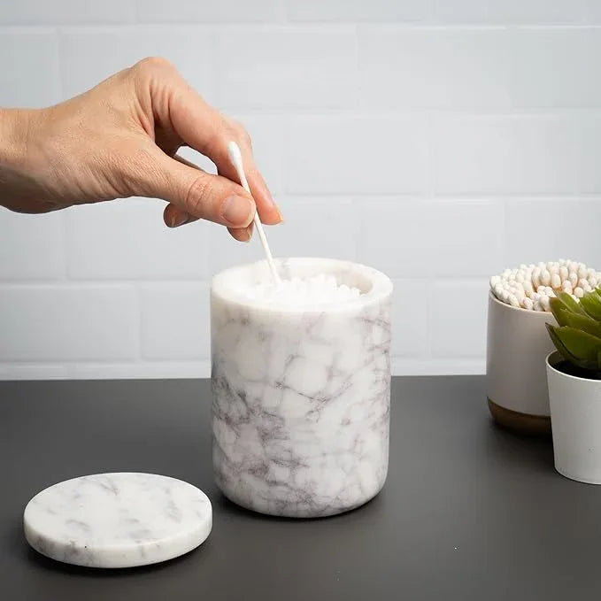 Cork & Mill Marble Bathroom Container with Lid - Holder for Qtip Swabs, Cotton Balls, Pads, Rounds, or Floss Picks - White Apothecary Jar for Q Tips - Canister for Organizing Bathroom Counter Vanity - ModernBath