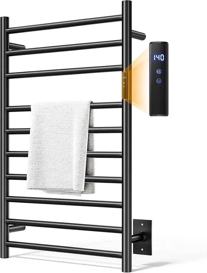 Towel Warmer Rack, Heated Towel Racks for Bathroom, Wall Mounted Towel Warmer, Stainless Steel 10-Bars Drying Rack with Intelligent Touch Screen Timer, Matte Black - ModernBath