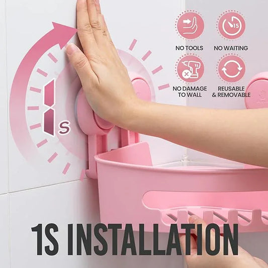 TAILI Corner Shower Caddy with Suction Cups, Wall Mounted Organizer Plastic Rack for Small Bathrooms, Kitchen, Removable Drill-Free Heavy Duty Shelf Basket, PINK - ModernBath