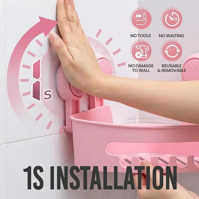 TAILI Suction Corner Shower Caddy, Bathroom Shelf Storage Basket Wall Mounted Organizer for Shampoo, Conditioner, Plastic Rack for Kitchen and Bathroom, Drill-Free Removable (2 Pack)-PINK - ModernBath