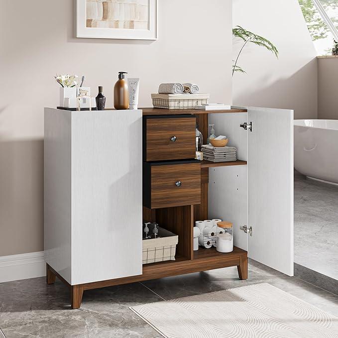 Bathroom Storage Cabinets with Drawers and Doors, Kitchen Storage Cabinet with Adjustable Shelf, Floor Sideboard Buffet Cabinet for Living Room, Kitchen, Hallway, Dining Room, White Walnut - ModernBath
