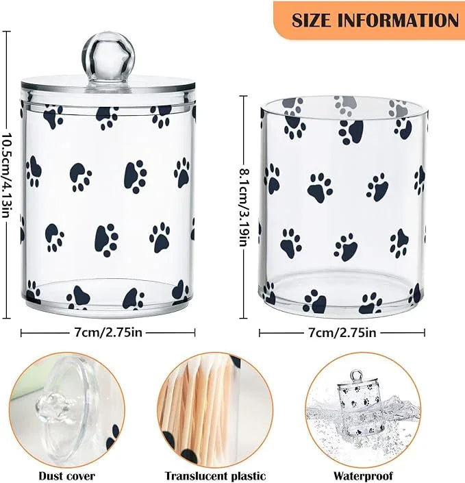 Tatenale Qtip Holder Bathroom Set Q tip Cotton Ball Swab Pad Dispenser Container Organizer Plastic Jars with Lids Storage 2Pack Small Paw Print White - ModernBath