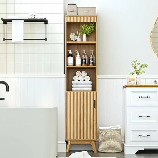 68" Tall Bathroom Storage Cabinet,Narrow Fluted Tower Cabinet with Door and Shelves,Slim Space Saving Storage Unit for Bathroom Kitchen Living Room (Natural, 11.8" D x 15.75" W x 68" H) - ModernBath