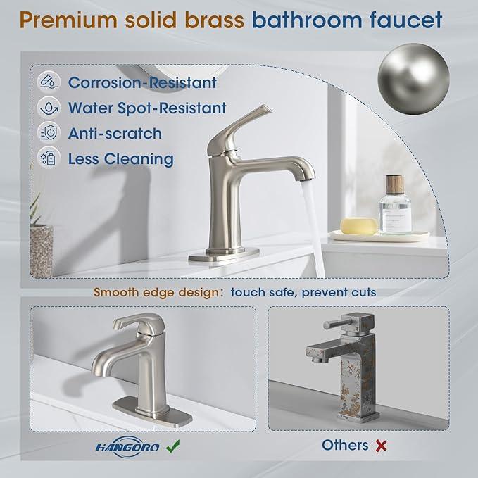 Brushed Nickel Bathroom Faucet, Brass Single Hole Bathroom Faucets for 1 or 3 Holes, Vanity Faucet with Supply Lines and Deck Plate, Pop Up Drain - ModernBath