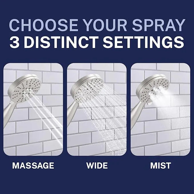 HammerHead Showers® Solid Metal 3-Spray Handheld Shower Head with Long Hose and Holder - BRUSHED NICKEL - 2.5 GPM High Pressure Shower Head with Handheld Sprayer - WIDE, MASSAGE, and MIST Sprays - ModernBath