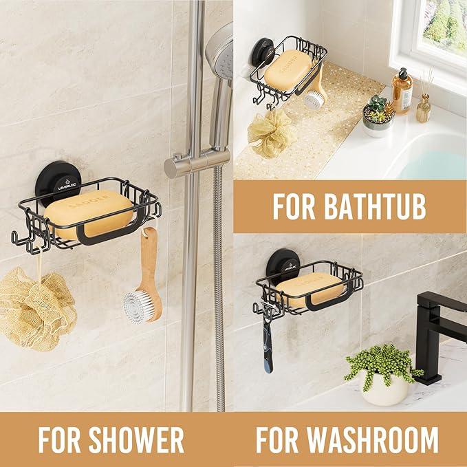 LEVERLOC Soap Holder Dish with Hooks for Shower, Bar Suction Cup Soap Tray Wall Mounted, Rustproof Stainless Steel Sponge Holder Caddy for Bathroom Bathtub Kitchen Sink, Black - ModernBath