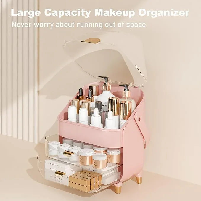 Makeup Organizer Countertop With Lid And Drawers Large Skin Care Cosmetic Display Case Holder for Vanity Desk Bathroom Storage Box,Pink - ModernBath