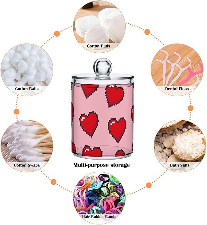 Tatenale Qtip Holder Bathroom Set Q tip Cotton Ball Swab Pad Dispenser Container Organizer Plastic Jars with Lids Storage 2Pack Red Pixel Hearts Pink - ModernBath