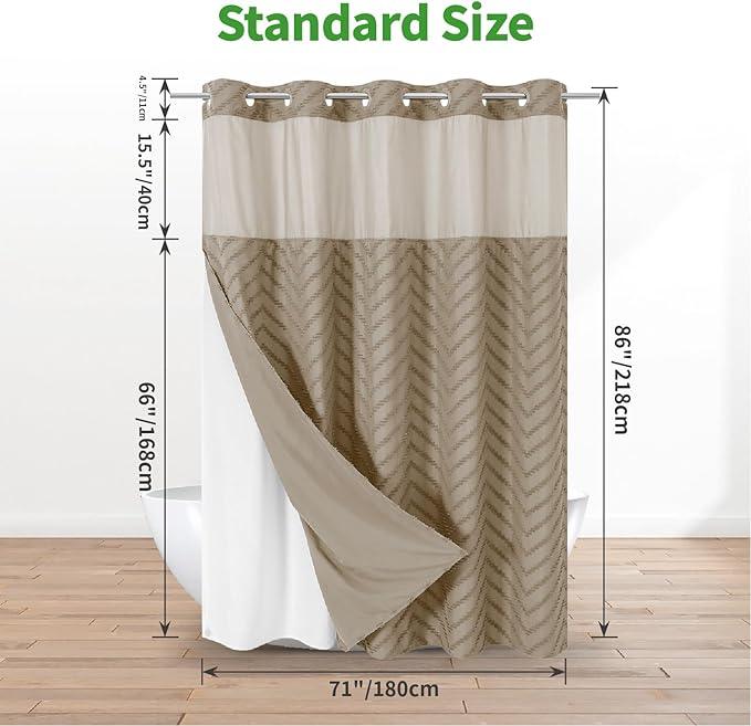 eachope No Hook Boho Farmhouse Shower Curtain with Snap-in Fabric Liner set-71Wx86H(84H),Beige Tufted Chevron Striped Hotel Grade Cloth Shower Curtains for Bathroom with Window,Water Repellent - ModernBath