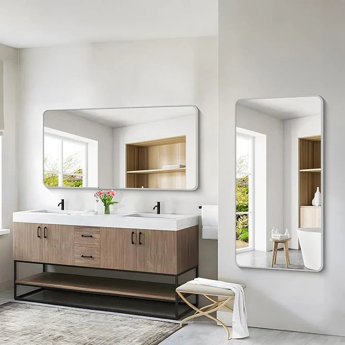 CIVENO 55x30 Inch Silver Bathroom Mirror, Large Rectangular Vanity Mirror, Metal Framed Rectangle Mirrors, Rounded Corner Wall Mounted Mirrors for Living Room Bedroom Entryway Horizontal or Vertical - ModernBath