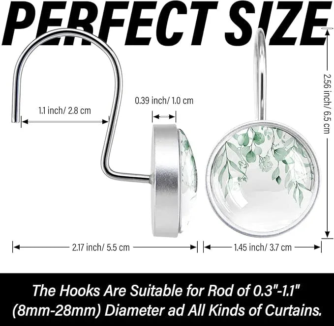 12 Pcs Mint Green Eucalyptus Decorative Shower Curtain Hooks - Rustic Stainless Steel Round Resin Shower Rings Hangers for Bathroom Rods Decor - ModernBath