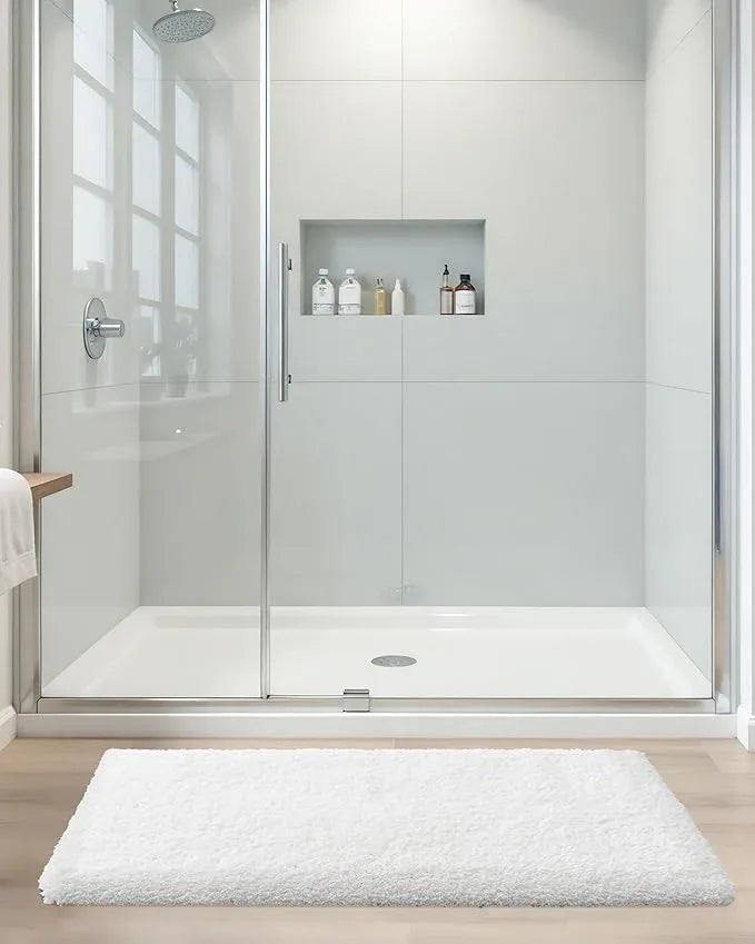 ILANGO White Bathroom Rugs 32" × 20" Non Slip & Super Absorbent Extra Thick Soft, Washable Bath Mat for Floor, Microfiber Plush Shaggy Bath Rug with Rubber for Bathtub Shower Room Sink - ModernBath