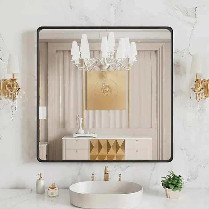 LOAAO 38x38 Inch Black Metal Framed Bathroom Mirror for Wall, Matte Black Bathroom Vanity Mirror Farmhouse, Large Rounded Rectangle Mirror, Anti-Rust, Tempered Glass, Hangs Horizontally or Vertically - ModernBath
