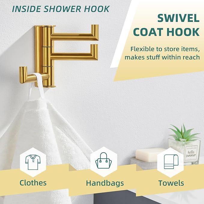 APLusee Swivel Towel Hook, 304 Stainless Steel Foldable Clothes Hook with Multi Three Rotating Arm, Flexible Bathroom Kitchen Storage Hanger Wall Mounted, Brushed Gold - ModernBath