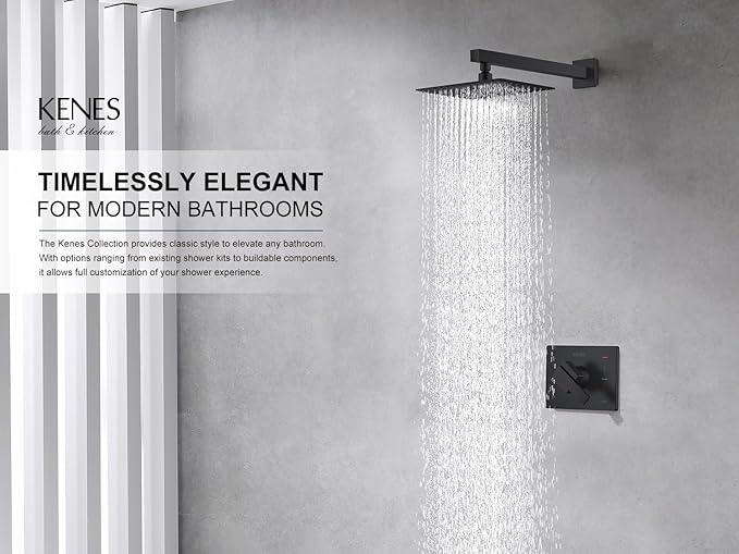 KENES Matte Black Shower Faucet with 10-Inch Shower Head and Handle Set, Square Shower Faucet Set Bathroom Rainfall Shower System Wall Mount, KE-6024B-2 (Shower Valve Included) - ModernBath