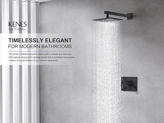 KENES Matte Black Shower Faucet with 10-Inch Shower Head and Handle Set, Square Shower Faucet Set Bathroom Rainfall Shower System Wall Mount, KE-6024B-2 (Shower Valve Included) - ModernBath
