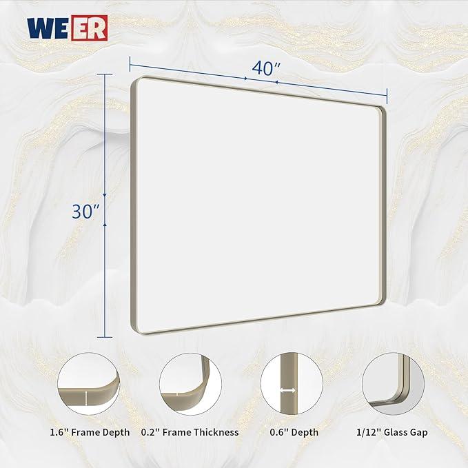 WEER 40X30 Inch Brushed Nickel Bathroom Mirror, Brushed Silver Metal Frame Mirror, Rounded Rectangle Silver Bathroom Vanity Mirror, Tempered Glass, Anti-Rust, Hangs Horizontally or Vertically - ModernBath