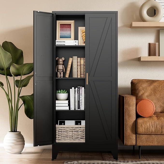 COFaR Black Farmhouse Storage Kitchen Pantry Cabinet with 2 Barn Door, 3 Adjustable Shelves and Legs, for Cupboard/Dining Room/Bathroom/Living Room/Office/Laundry Room (Black, 61" Farmhouse) - ModernBath