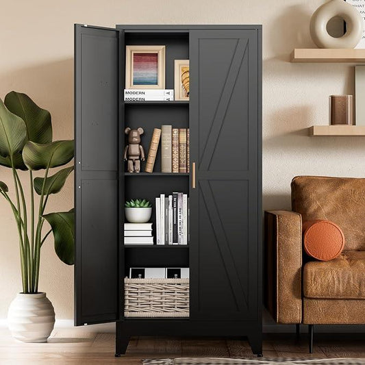 COFaR Black Farmhouse Storage Kitchen Pantry Cabinet with 2 Barn Door, 3 Adjustable Shelves and Legs, for Cupboard/Dining Room/Bathroom/Living Room/Office/Laundry Room (Black, 61" Farmhouse) - ModernBath