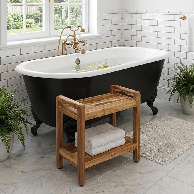 EcoDecors Eleganto 24 Inch Natural Color Waterproof Teak Wood Shower Bench Stool Seat Chair For Inside Shower Provides Safety, Storage, and Organization For Bathroom Accessories - ModernBath