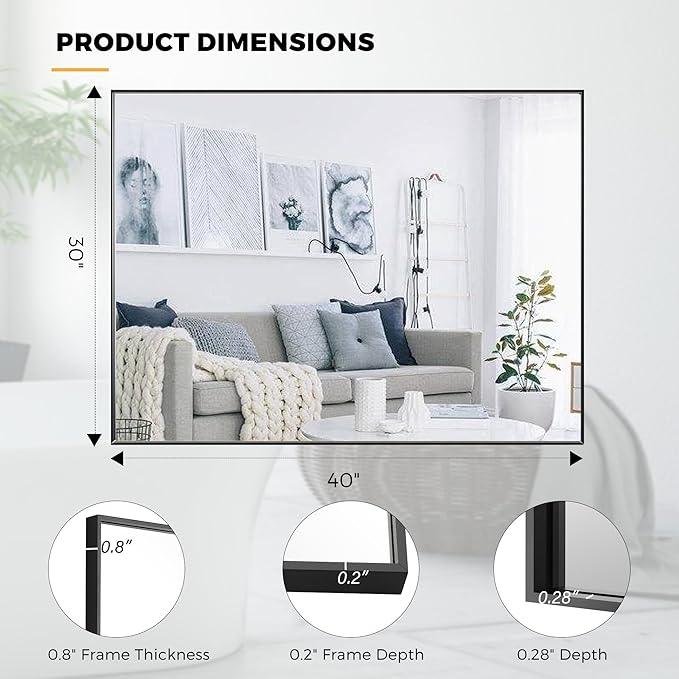 Bonverre 30x40 Inch Black Bathroom Mirror for Wall, Aluminum Frame Rectangle Rectangular Vanity Mirror, Modern Large for Bedroom, Living Room, Horizontal or Vertical - ModernBath