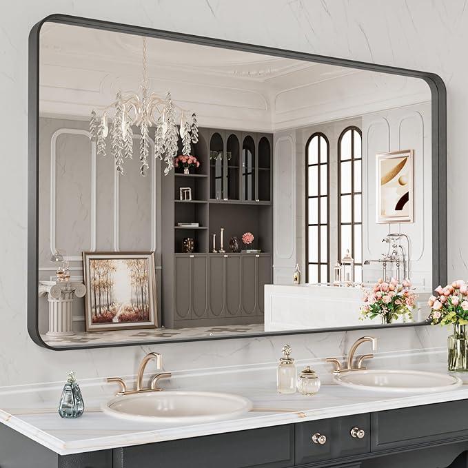 LOAAO 48X28 Inch Black Metal Framed Bathroom Mirror for Wall, Matte Black Bathroom Vanity Mirror Farmhouse, Anti-Rust, Tempered Glass, Hangs Horizontally or Vertically - ModernBath