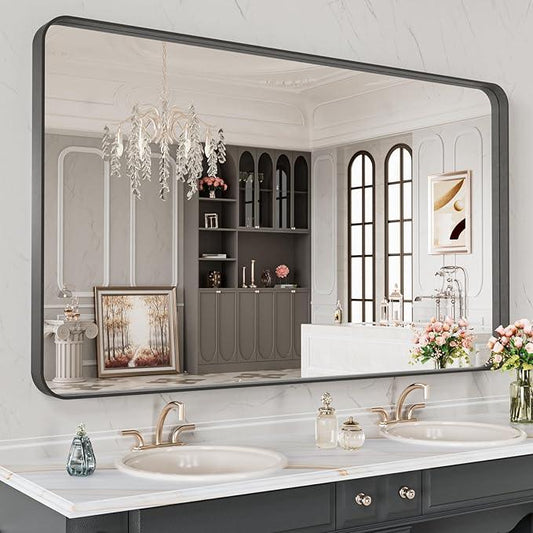 LOAAO 48X28 Inch Black Metal Framed Bathroom Mirror for Wall, Matte Black Bathroom Vanity Mirror Farmhouse, Anti-Rust, Tempered Glass, Hangs Horizontally or Vertically - ModernBath