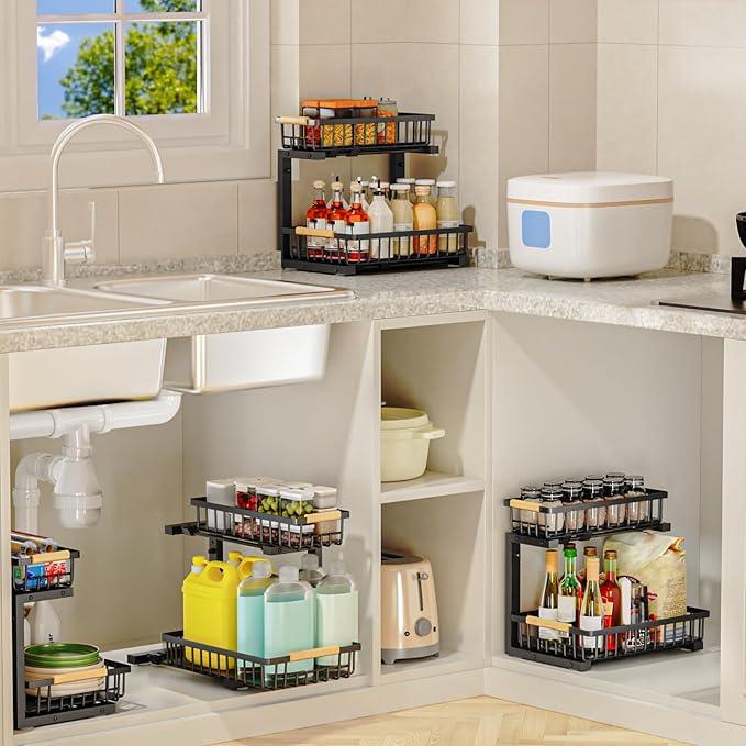 2Pcs Under Sink Organizer, Adjustable Under Sink Organizers and Storage, 2-Tier Pull Out Under Kitchen Sink Organizer, Sliding Out Metal Under Bathroom Sink Organizer for Kitchen Pantry Black - ModernBath