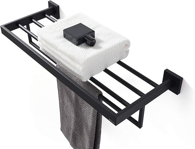 Towel Rack, Towel Shelf for Bathroom, Square Modern Hotel Style Towel Rack with Shelf, 24Inch, Matte Black, Wall Mounted, No Assembly, 071100-MB Les Series - ModernBath