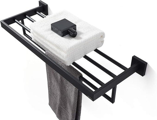 Towel Rack, Towel Shelf for Bathroom, Square Modern Hotel Style Towel Rack with Shelf, 24Inch, Matte Black, Wall Mounted, No Assembly, 071100-MB Les Series - ModernBath