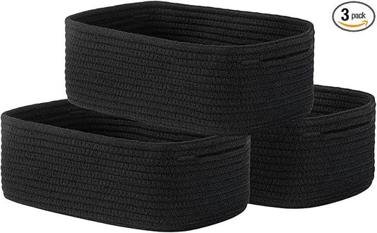 Small Woven Basket, 12 x 8 x 4.5 Inches, Storage Basket for Organizing, Cute Small Rope Shelf Closet Cube Storage Bins Baskets for Shelves, Dog Toy Gift Baskets Empty, 3 Packs, Black - ModernBath