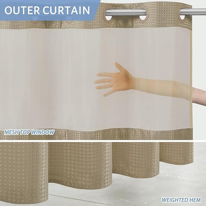 Furlinic Waffle Weave No Hook Shower Curtain with Snap in Fabric Liner Set,Heavy Duty Textured Bathroom Curtain with See Through Window,Waterproof & Machine Washable,Hotel Style,Beige,71x75 Inch - ModernBath