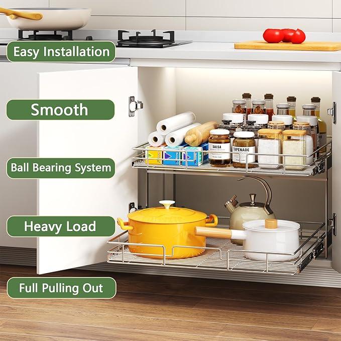 2 Tier Individual Pull Out Cabinet Organizer 30" W x 21½" D, Heavy Duty Cabinet Pull Out Shelves, Slide Out Drawers Organization for Kitchen Cabinets Bathroom - ModernBath