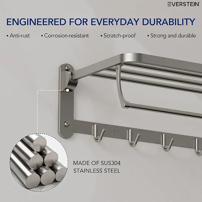 Bathroom Towel Rack with Storage Shelf and 5 Hooks, 23.6 in Foldable Towel Shelf Bar, Wall Mounted Lavatory Organizer,Brushed Nickel - ModernBath
