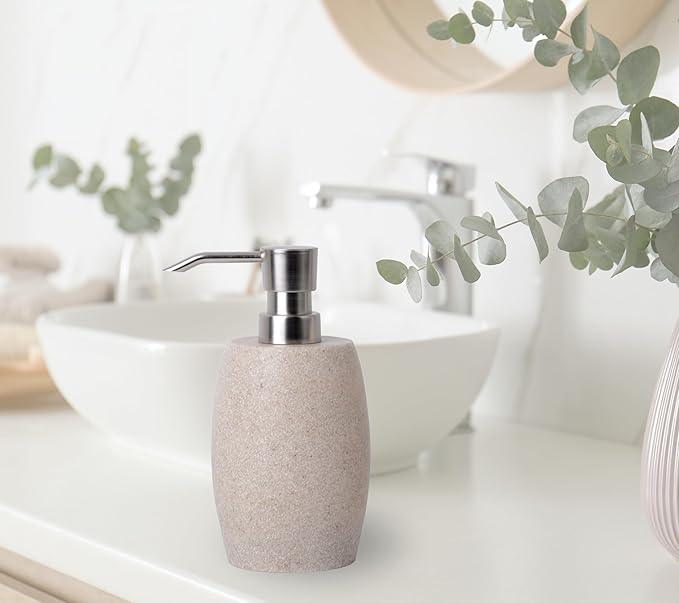 Clasin Home Sandstone Textured Resin Soap Dispenser with Metallic Pump and Waterproof Bottle Labels for Bathroom Kitchen Dish Hand Wash Shower Lotion Shampoo, 12 Oz, Beige - ModernBath