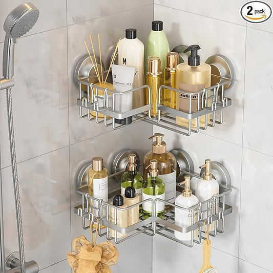 LEVERLOC 2 Pack Corner-adaptive Suction Cup Shower Caddies, Drill-Free Wall Mounted Basket, Stainless Steel Rustproof Corner Shower Shelf, Large Capacity Removable Suction Cup Bathroom Organizer, Gray - ModernBath