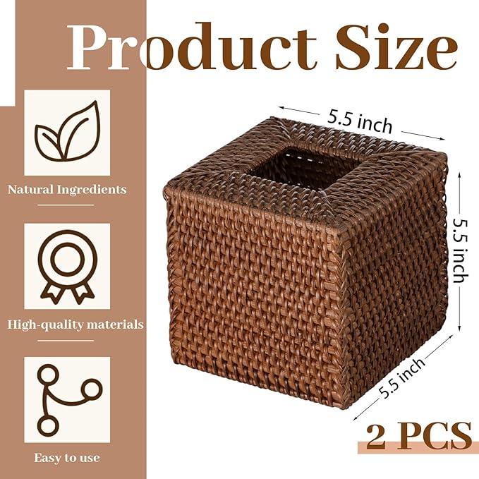 Kigley 2 Pcs Square Rattan Tissue Box Cover Boho Wicker Tissue Cube Box Cover 5.5'' x 5.5'' x 5.5'' Decorative Natural Wicker Hand Woven Napkin Box Holder Bathroom Office Car Accessories (Brown) - ModernBath