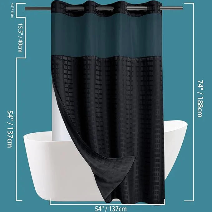 Conbo Mio Stall No Hook Shower Curtain with Snap in Liner Set, Hotel Luxury Black Shower Curtains for Bathroom with See Through Top Window, Waterproof, Washable 54W x 74H - ModernBath