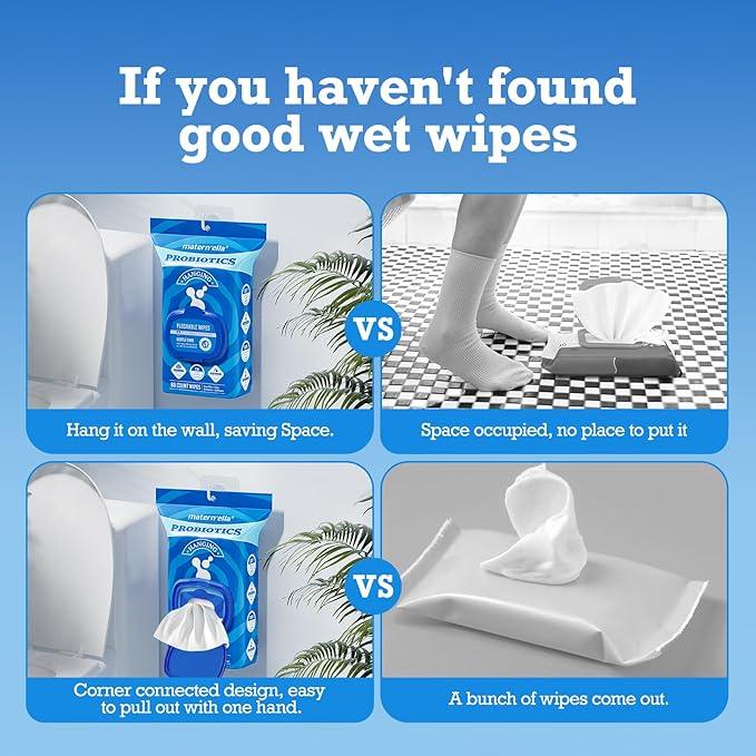 matern'ella Hanging Flushable Wipes Unscented Extra Large Corner-Connected Wet Wipes Adult Plant Based Fibers with Probiotics Alcohol Free Sewer Safe Butt Wipe Travel 3 Packs of 80 Wipes - ModernBath