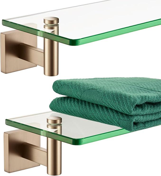 KOKOSIRI Wall Shelves Bathroom Hardware Glass Floating Shelf Small Hanging Rack Storage/Room Decor 16-Inch Champagne Bronze 2 Pack B1105CPG-L16-P2 - ModernBath