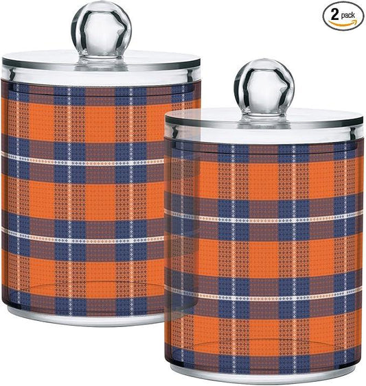 Qtip Holder Bathroom Set Q tip Cotton Ball Swab Pad Dispenser Container Organizer Plastic Jars with Lids Storage 2Pack Retro Tartan Plaid Orange and Blue - ModernBath