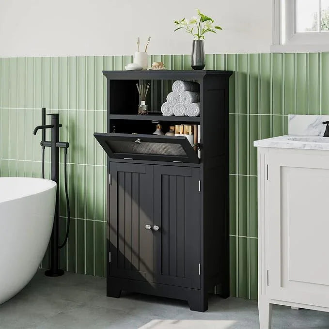 ChooChoo Freestanding Bathroom Cabinet with Flip Glass Drawer, 2 Doors, Adjustable Shelf, Open Storage for Bathroom, Living Room, Hallway, Black - ModernBath