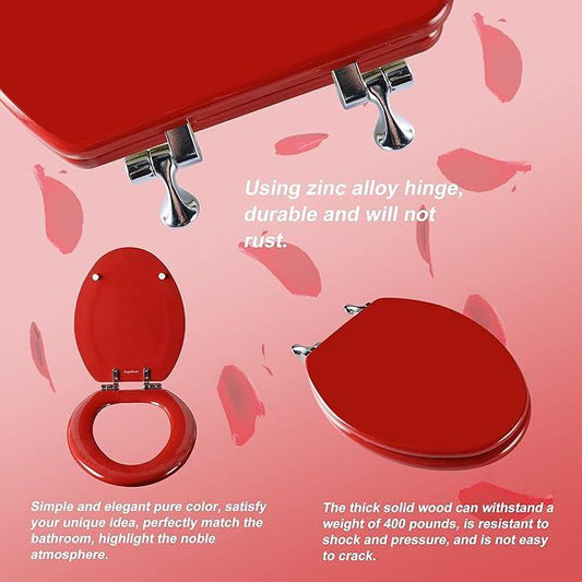 Red Elongated Toilet Seat Natural Wood Toilet Seat with Zinc Alloy Hinges, Easy to Install also Easy to Clean, Scratch Resistant Toilet Seat by Angol Shiold (Elongated, Red) - ModernBath