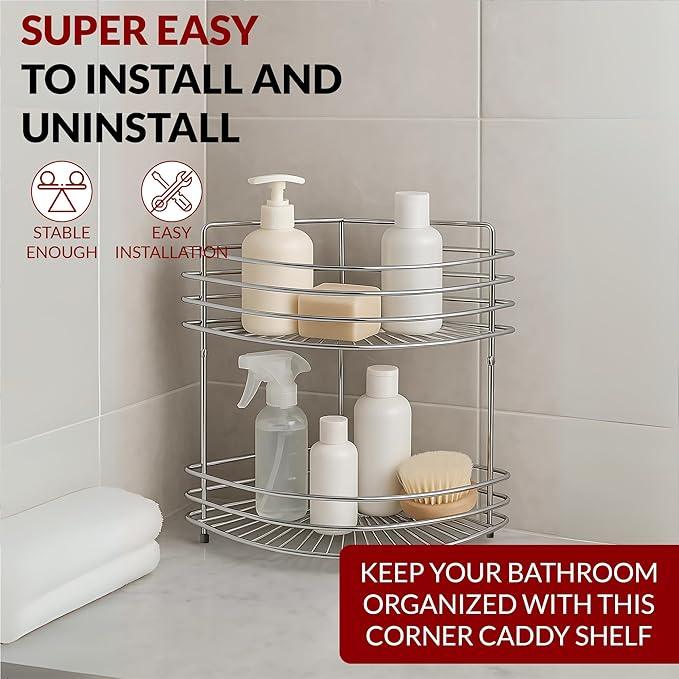 2-Tier Corner Shower Caddy Standing - Sturdy Stainless Steel Bathroom Organizer with 2 Screws and Anchors - Freestanding or Wall-Mounted Caddy - Chrome - ModernBath
