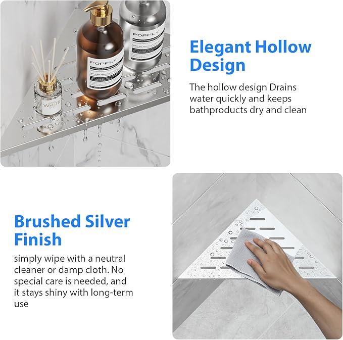 POPFLY 10" Silver Stainless Steel Corner Shower Shelf 2PCS, 304 SS Recessed Bathroom Shelves for Tile Walls, No Drilling Needed, Floating Shower Caddy with Drainage Slots, PF7501L - ModernBath