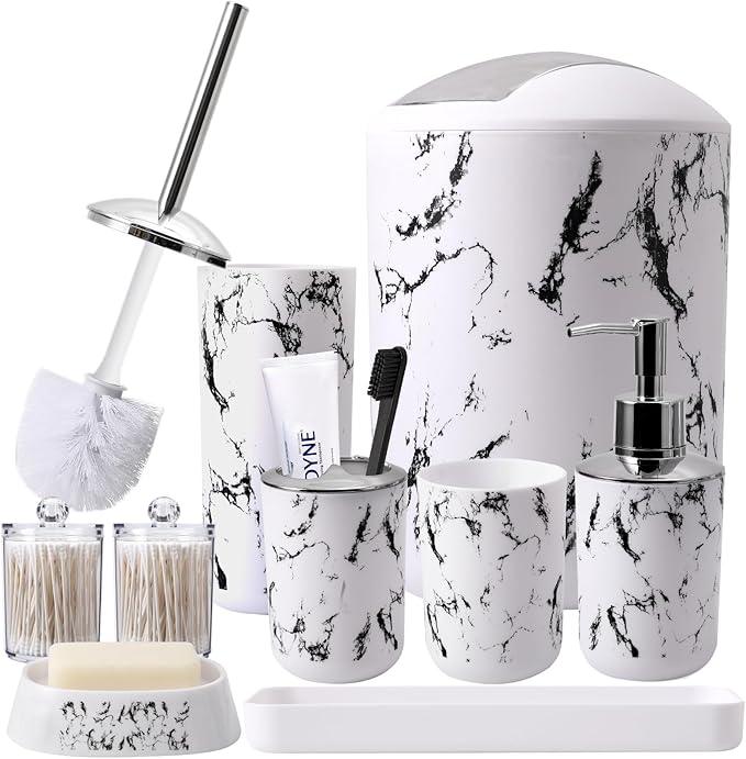 XLHOMO White Marble Bathroom Accessories Set, White Bathroom Set with Trash Can, Vanity Tray, Soap Dispenser, Soap Dish, Toothbrush Holder, Toothbrush Cup, Toilet Brush and Qtip Holders for Bathroom - ModernBath
