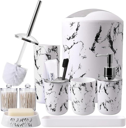 XLHOMO White Marble Bathroom Accessories Set, White Bathroom Set with Trash Can, Vanity Tray, Soap Dispenser, Soap Dish, Toothbrush Holder, Toothbrush Cup, Toilet Brush and Qtip Holders for Bathroom - ModernBath
